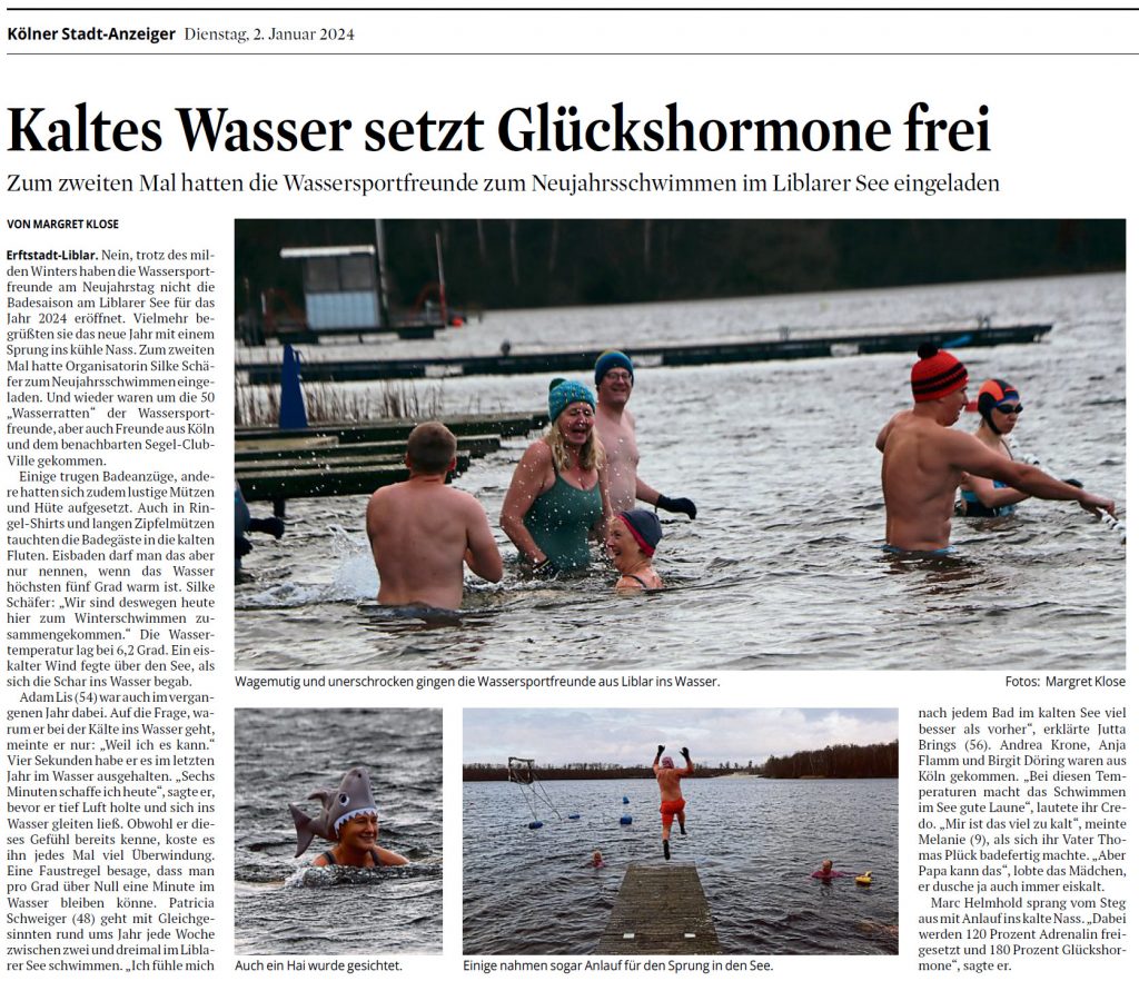 Bild vom Bericht im Kölner Stadt-Anzeiger über das Neujahrsschwimmen 2024 am Liblarer See
